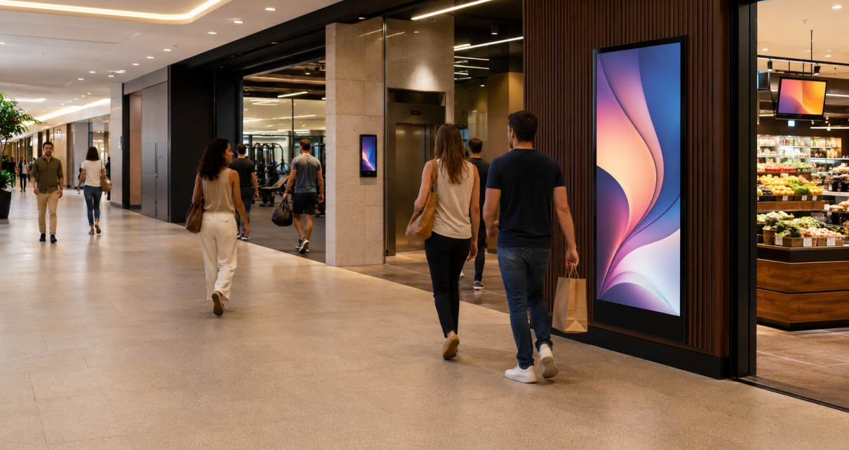 Mídia indoor integrada a um centro comercial, com telas publicitárias próximas a elevadores, academia e supermercado.