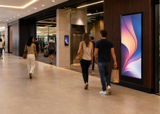 Mídia indoor integrada a um centro comercial, com telas publicitárias próximas a elevadores, academia e supermercado.