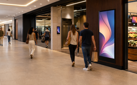 Mídia indoor integrada a um centro comercial, com telas publicitárias próximas a elevadores, academia e supermercado.