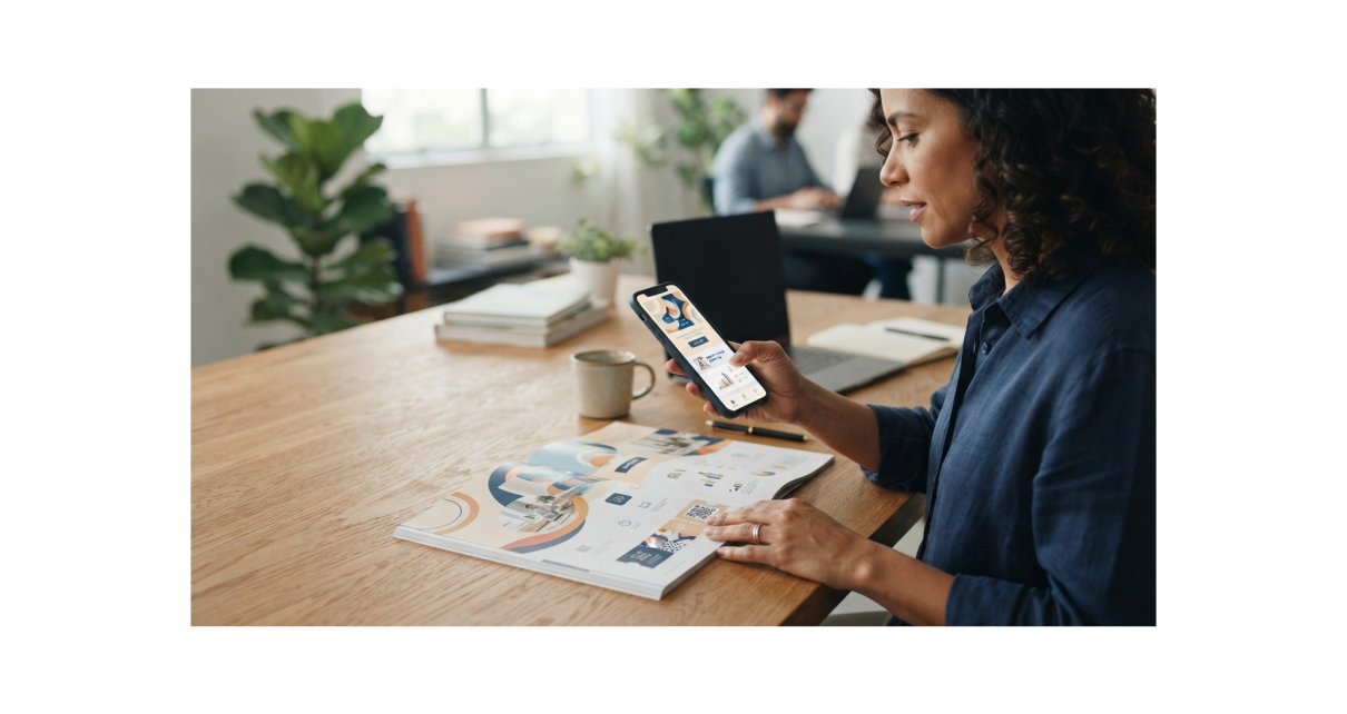 Smartphone sobre anúncio impresso representando a integração com uma campanha digital