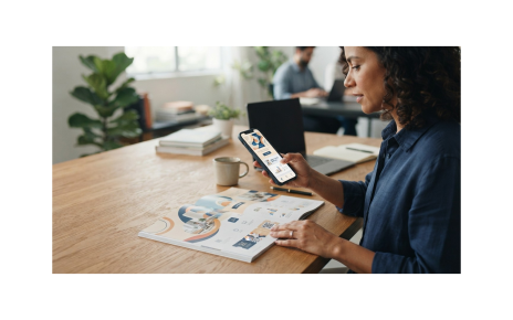 Smartphone sobre anúncio impresso representando a integração com uma campanha digital