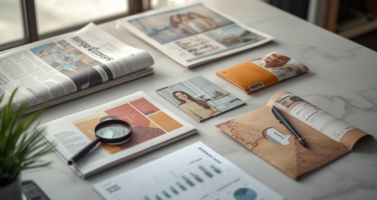 Jornal, revista, catálogo, encarte e mala direta sobre uma mesa de planejamento de mídia