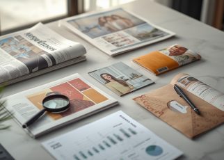 Jornal, revista, catálogo, encarte e mala direta sobre uma mesa de planejamento de mídia