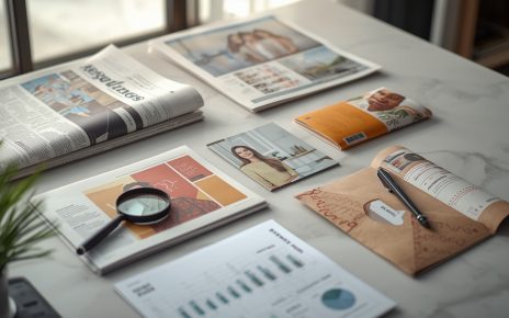 Jornal, revista, catálogo, encarte e mala direta sobre uma mesa de planejamento de mídia