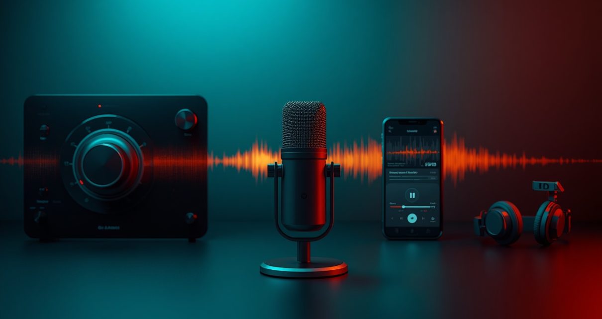 Microfone de rádio integrado a smartphone, fones e câmera de podcast, representando dial, streaming e conteúdo sob demanda