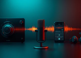 Microfone de rádio integrado a smartphone, fones e câmera de podcast, representando dial, streaming e conteúdo sob demanda