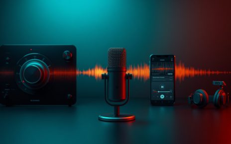 Microfone de rádio integrado a smartphone, fones e câmera de podcast, representando dial, streaming e conteúdo sob demanda