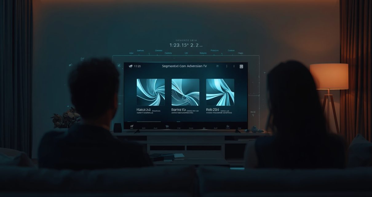 Televisão conectada exibindo anúncios diferentes para segmentos de audiência em uma sala contemporânea.