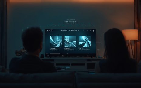 Televisão conectada exibindo anúncios diferentes para segmentos de audiência em uma sala contemporânea.