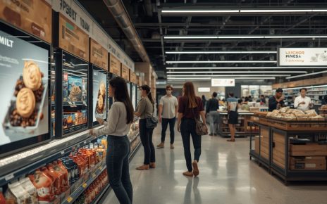 Consumidores diante de displays, tela digital e ilha promocional no ponto de venda.