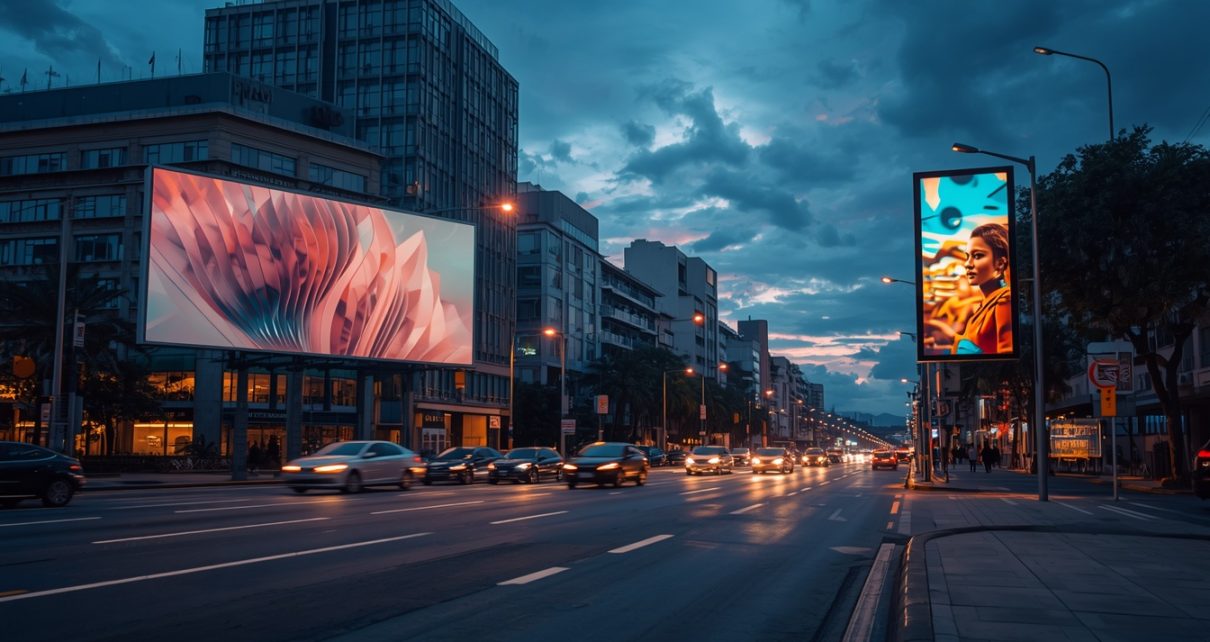 Painel OOH estático e tela DOOH digital instalados em uma avenida urbana