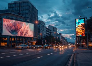 Painel OOH estático e tela DOOH digital instalados em uma avenida urbana