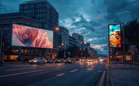 Painel OOH estático e tela DOOH digital instalados em uma avenida urbana