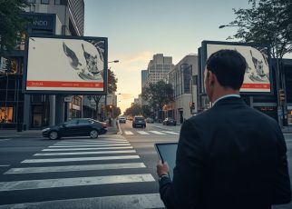 Profissional avalia pontos de mídia exterior em uma avenida urbana