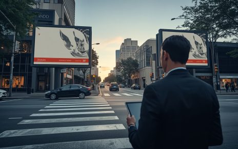 Profissional avalia pontos de mídia exterior em uma avenida urbana