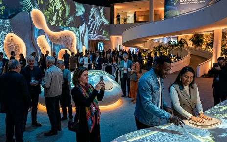 Pessoas participam de uma instalação interativa em um espaço de eventos.